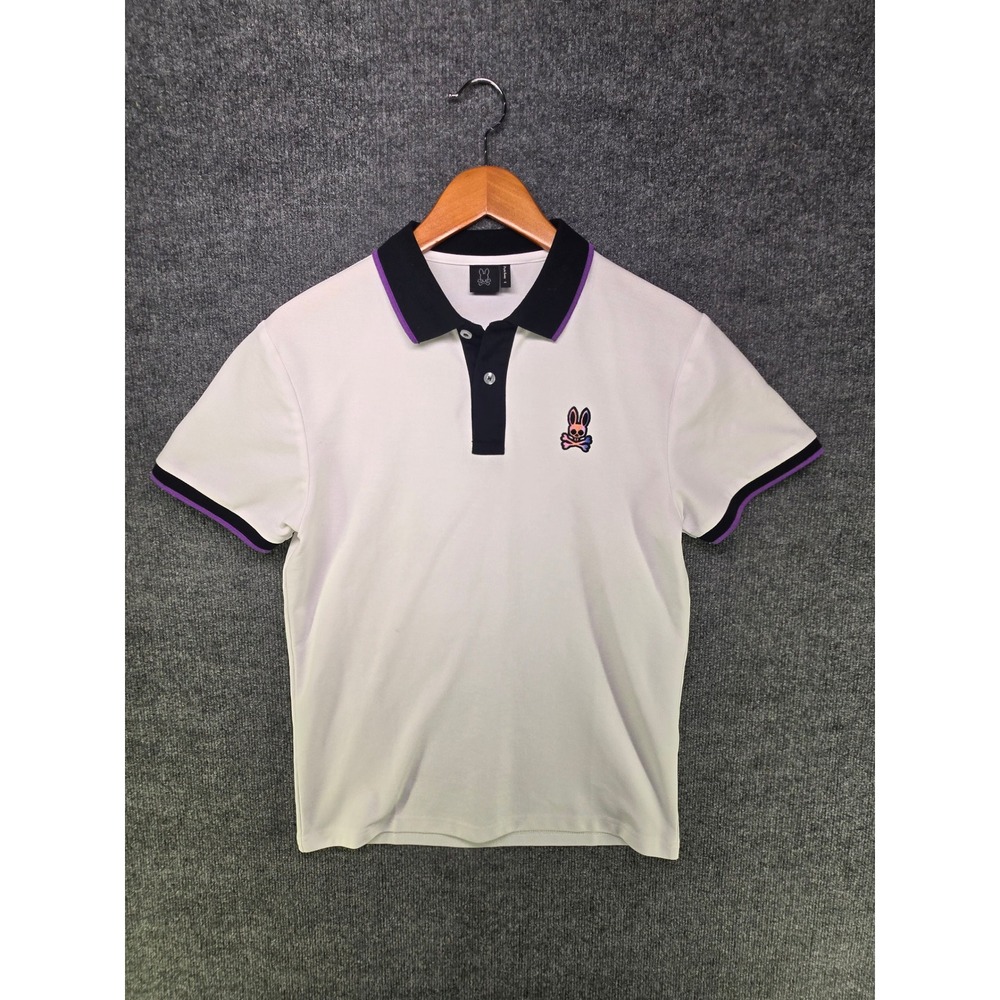 Psycho Bunny Mens White Pique Polo Shirt Black Purple Trim Gradient Logo Size M